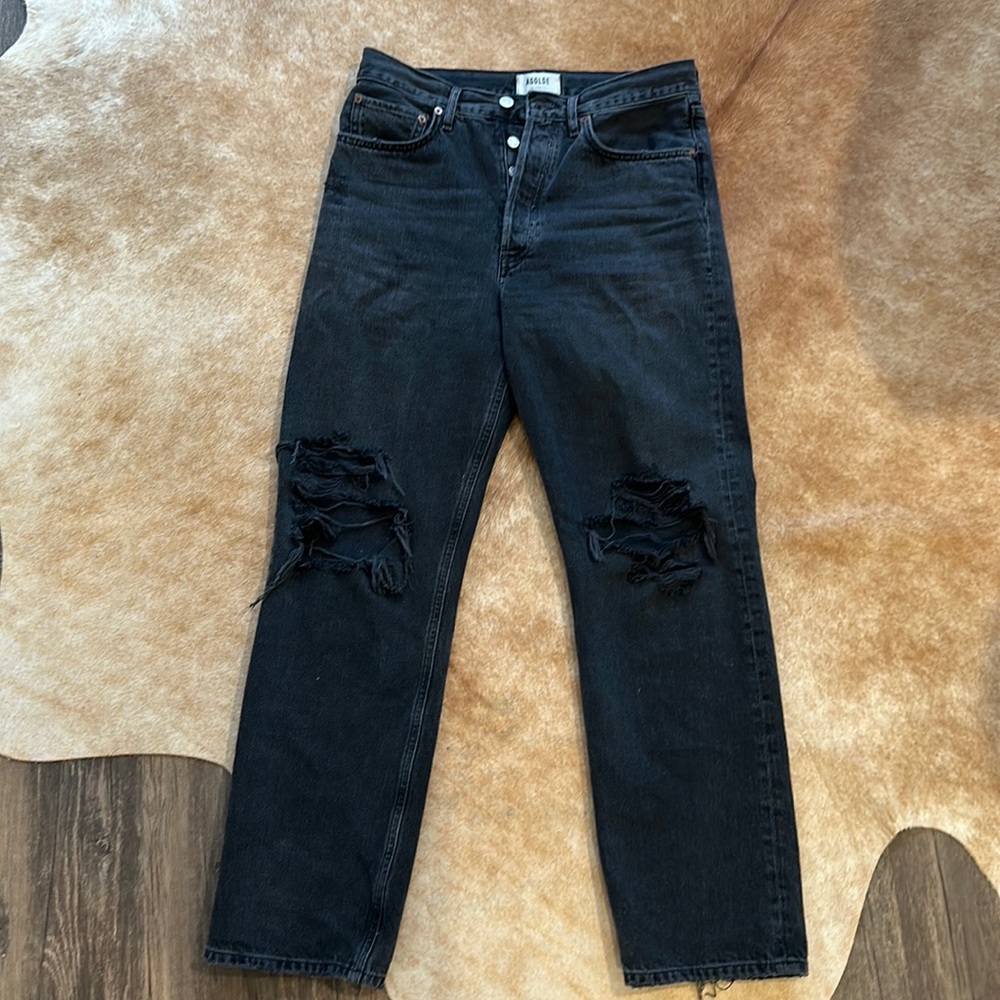Agolde 27 90s mid rise loose distressed jean in dark color
